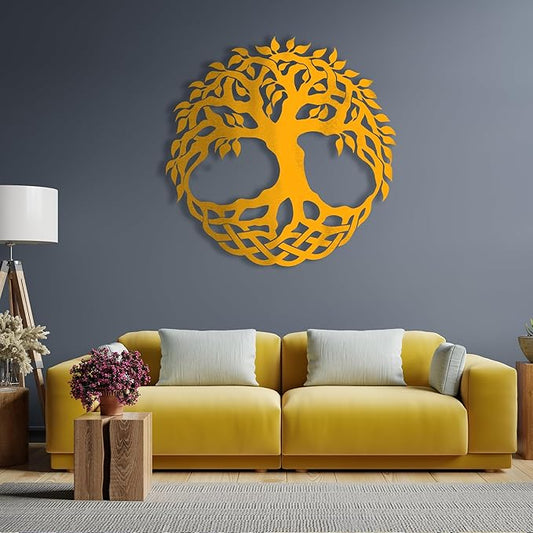 Tree of Life Metal Wall Art Decor - 24" Family Tree Wall Mounted Sculpture, Metal Home Decoration for Living Room, Bedroom, Office, Rustic Wall Decor for Indoor and Outdoor Spaces, Laser Cut Garden Decor (Gold)