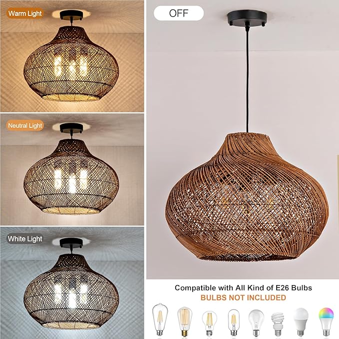 Boho Rattan Pendant Lights 18.9IN Hand-Woven Wicker Chandelier Rattan Basket Ceiling Hanging Light Fixtures for Dining Room Kitchen Island Living Room Entry Hallway Reataurant