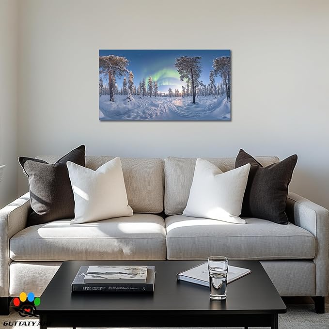 GUTTATY Christmas Winter Canvas Wall Art, Northern Lights Winter Scene Canvas Prints, Snowy Forest Landscape Poster Picture, Holiday Artwork for Living Room, Bedroom, Office, 16x8 Inch