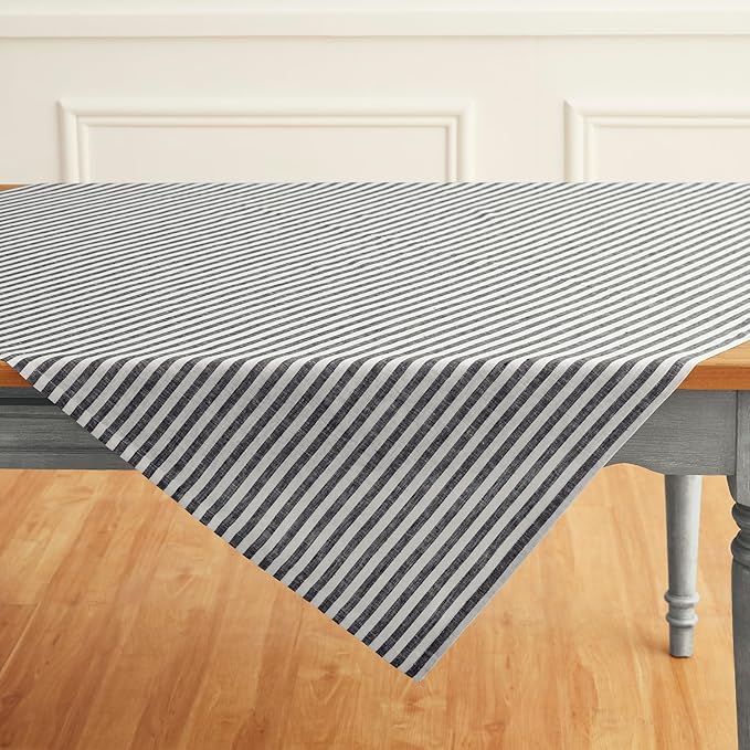 Solino Home Linen Square Tablecloth 52 x 52 Inch - Amalfi Stripe, 100% Pure Linen Black and White Table Throw - Machine Washable Tablecloth for Fall, Autumn, Winter, Holiday