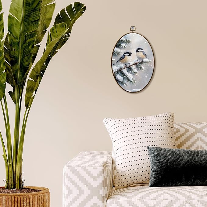 JQF Winter Chickadees Bird Oval Wall Decor, Rustic Farmhouse Oval Canvas Wall Art, Cottagecore Winter Christmas Bird Framed Prints Hanging Decor for Home Living Room Bedroom, 8.5x11.5 Inch