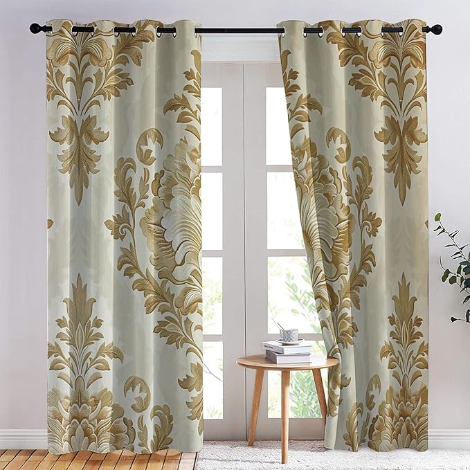 Baroque Damask Curtains for Bedroom, Victorian Ethnic Retro Blackout Curtains 72 Inch Length 2 Panels Set, Renaissance Vintage Window Curtains for Living Room Home Decor, Patterned Grommet Drapes