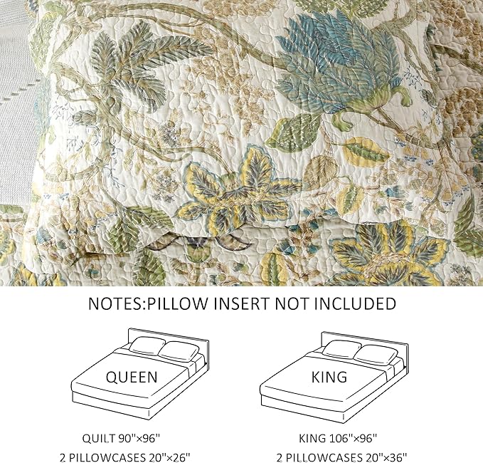 DURLENGEN Forest 100% Cotton King Quilt 3Pcs,Bohemian Reversible Leaves & Flowers Pattern on White, Luxury Lightweight Coverlet Sets for All Season(King 106x96,Forest)