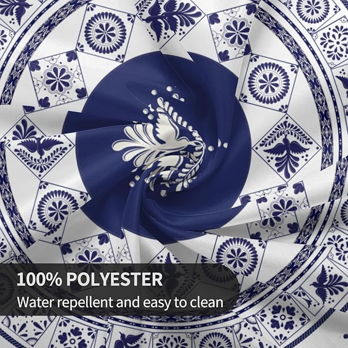 Mexican Round Tablecloth, Floral Bird Talavera Ceramic Tile Dia De Los Muertos Azulejo Mosaic Water Resisitant Table Cover for Dining Kitchen Living Room Home Party Holiday Decor 70 inch Round