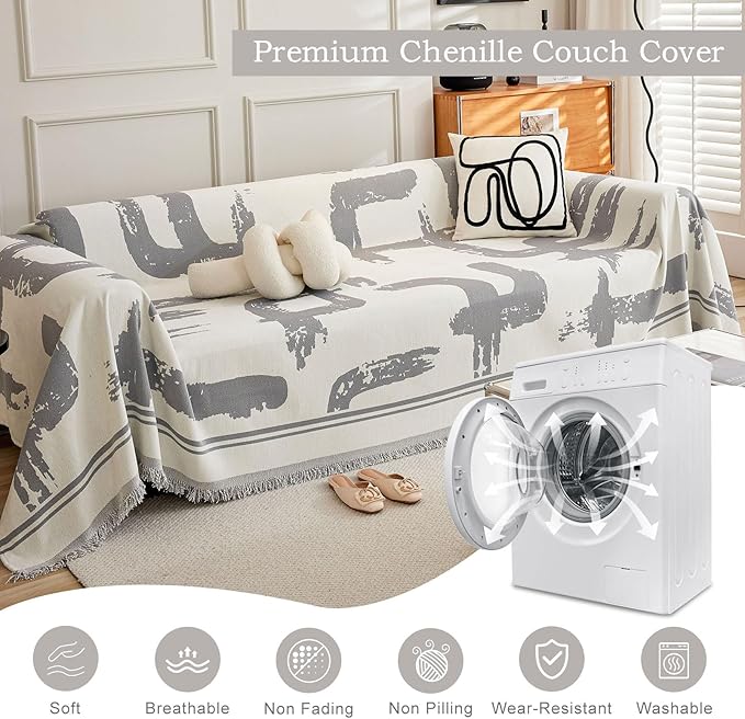 ROOMLIFE Grey Boho Stripped Couch Cover, Modern Abstract Couch Covers for 3 Cushion Couch Sofa Pet Friendly, Large Chenille Sofa Cover for Sectional Sofa Washable Dog Couch Cover Protector 71"*134"