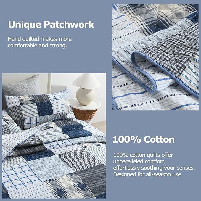 DURLENGEN Blue & Grey Patchwork 100% Cotton King Quilt 3Pcs,Patchwork Blue & Grey Pattern on White,Luxury Lightweight Coverlet Sets for All Season(King 106x96,Blue & Grey Patchwork)