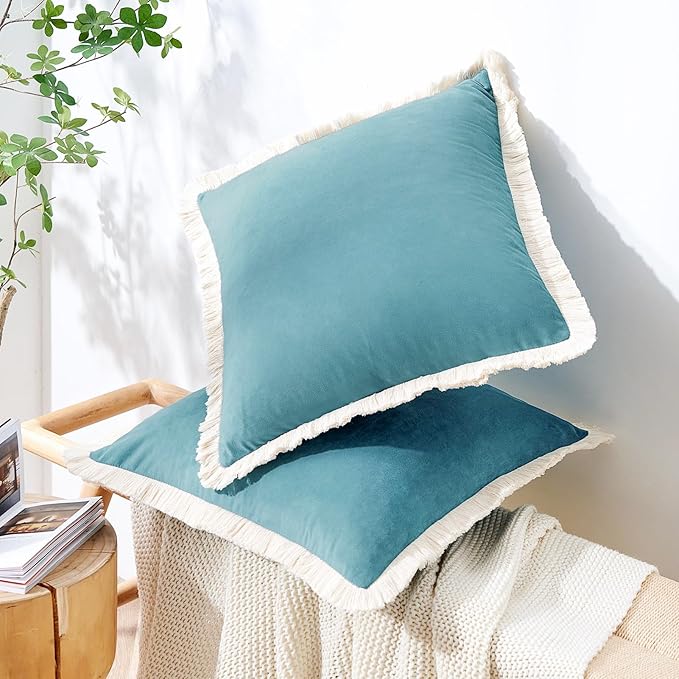 MONDAY MOOSE Decorative Throw Pillow Covers Cushion Cases, Set of 2 Soft Velvet Modern Fringe Tassel Designs, Mix and Match for Home Decor, Pillow Inserts Not Included (Teal Blue, 16x16 inch)