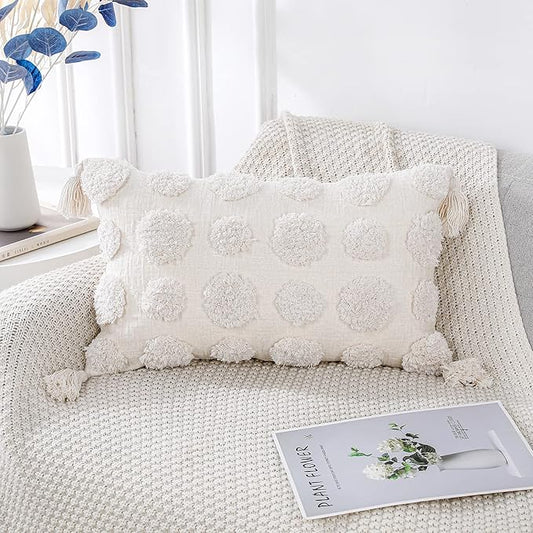 PANOD Super Soft Farmhouse Decorative Plush Throw Pillow Covers 12 x 20 White,Solid Pom pom Tufted with Tassels Modern Accent Boho Lumbar Cushion Cover Pillow Case for Couch Sofa