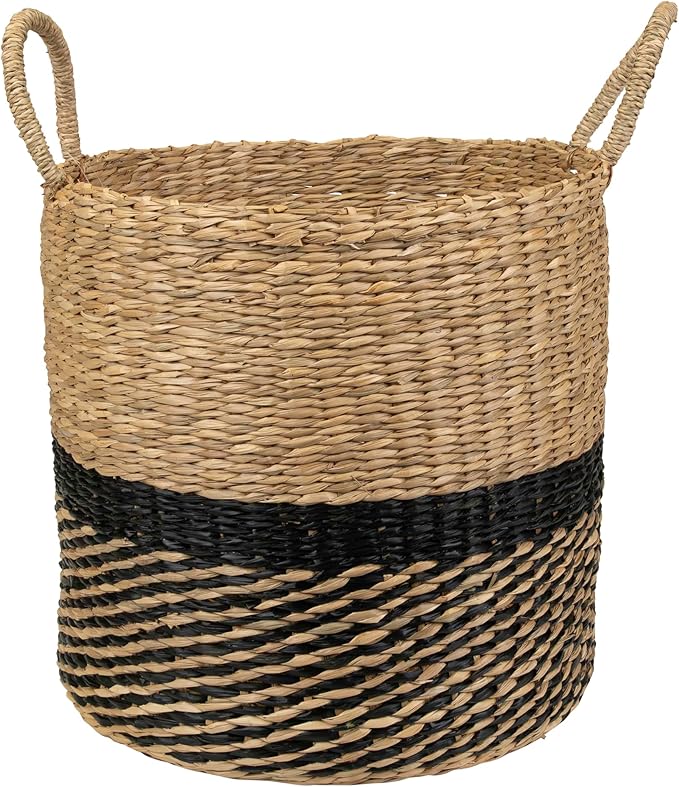 Woven Table and Floor Cylindrical Seagrass Baskets - Black and Beige - Set of 3