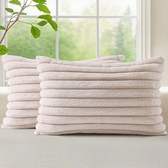 decorUhome Faux Fur Christmas Throw Pillow Covers 12x20 Set of 2, Decorative Soft Plush Striped Lumbar Neutral Couch Euro Pillow Covers with Velvet Back for Sofa, Bed, Living Room Home Decor, Beige