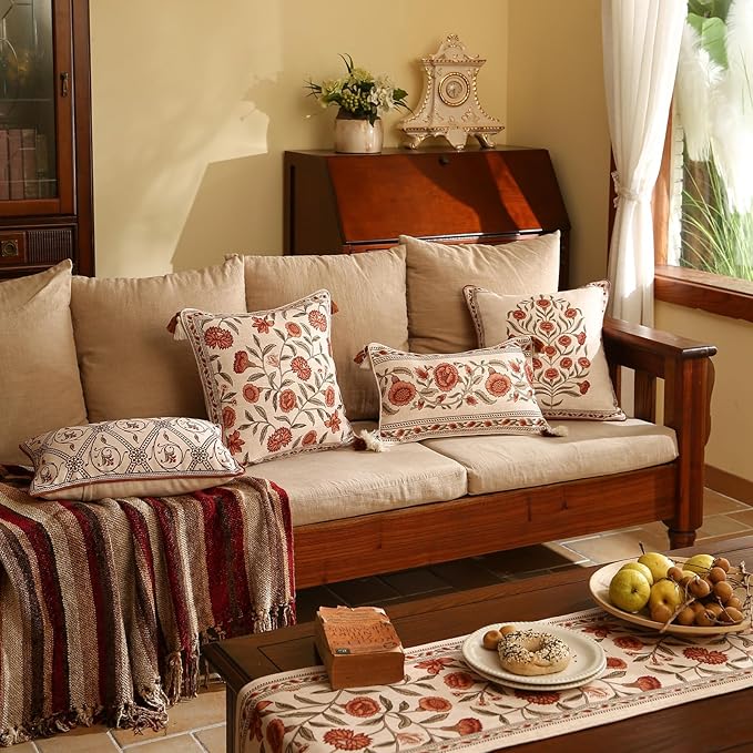 ISAENNE Design Linen Rectangle Vintage Throw Pillow Covers 12"x20", Brick Red Cushion Covers with Orange Floral Green Leaves Pattern Decor Pillowcases for Bed,Living Room,Outdoor,Car