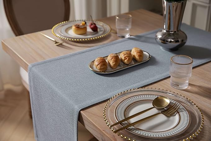 ZeeMart Burlap Style Farmhouse Table Runners 48 Inches Long, Dusty Blue Rustic Woven Dining Table Runner for Everyday Use, 14x48 Inches, Light Dusty Blue