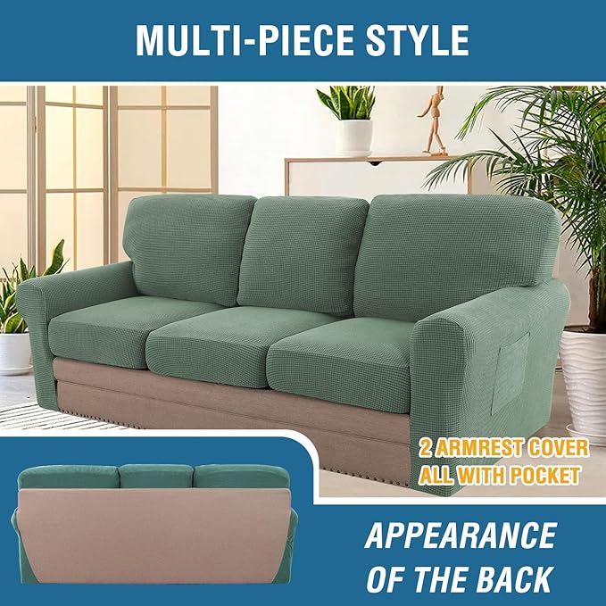 H.VERSAILTEX Multi-Pieces Sofa Covers Stretch Couch Covers Form Fitted Seats and Back Cushions Covers (3 Seat Covers Plus 3 Back Cusion Covers, Bonus 2 Armrest Covers), Loden Frost