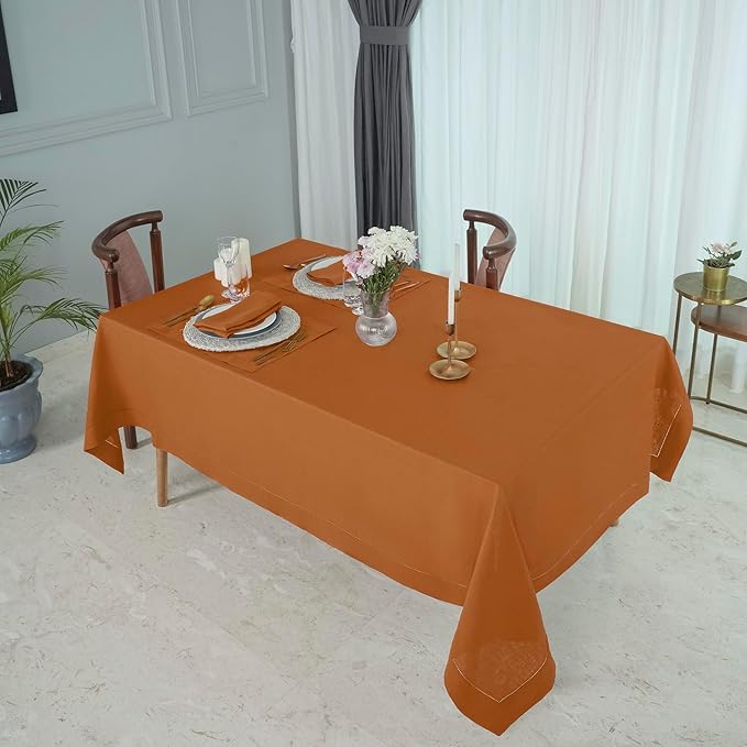 D'Moksha Homes Rust Linen Tablecloth for Rectangle Tables 60 x 144 Inch - 100% Pure Linen Rust Table Cloth - Classic Hemstitch, Machine Washable Dining Tablecloth for Thanksgiving, Holiday