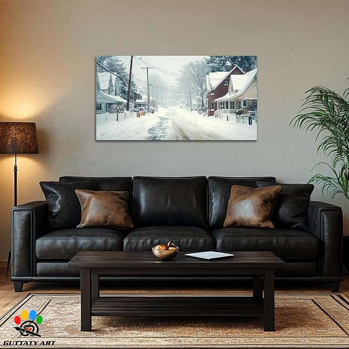 GUTTATY Christmas Winter Scene Canvas Wall Art, Snowy Neighborhood Pictures, Home Canvas Artwork, Subtle Poster Print, Cozy Wall Decor for Living Room, Bedroom, Holiday Hanging Artwork, 48x24 Inch