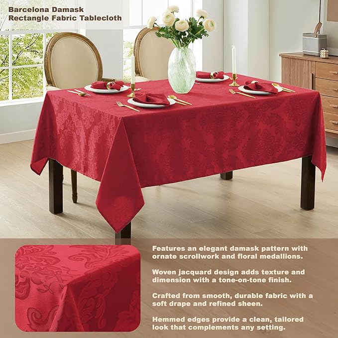 Newbridge Barcelona Damask Fabric Tablecloth, 52 x 70 Inch Rectangle, Red – No Iron, Soil Resistant Table Cover for Dining, Parties and Holidays