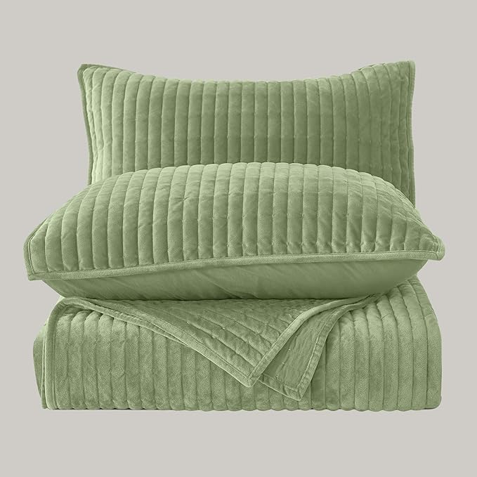 Wonderful Velvet Quilt Queen Size Stitched Green Bedding Set, Brushed Stitched Lightweight Comforter, Luxious Boho Bedspread Soft Faux Suede Coverlet with Shams for All Season (Mint Green)