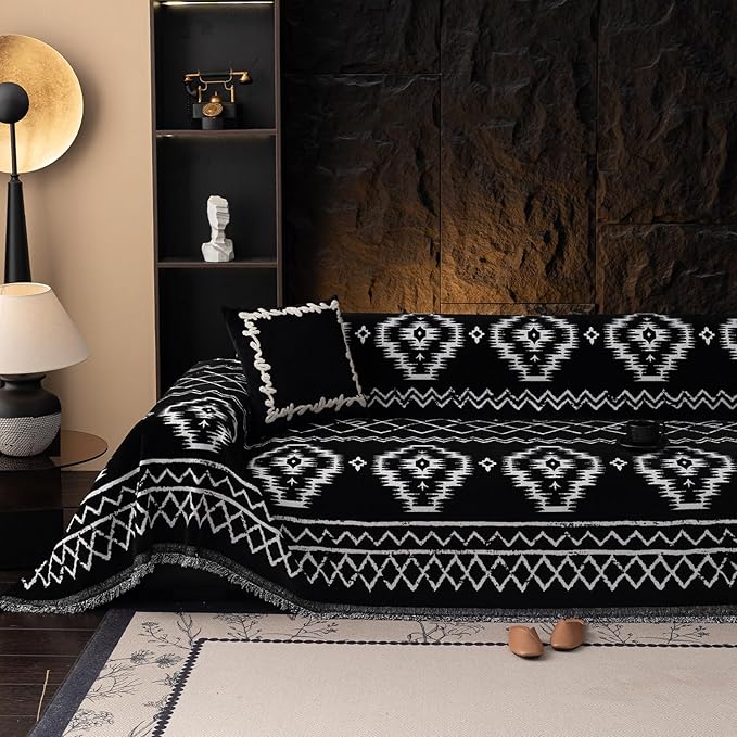 VClife Boho Couch Cover Chenille Sofa Cover for Sectional Sofa, Non Slip Couch Covers for 2 Seater Sofa Pet Friendly Sofa Protector with Tassel, Tribal Pattern Couch Slipcover, Black, 71"X118"