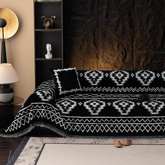 VClife Boho Couch Cover Chenille Sofa Cover for Sectional Sofa, Non Slip Couch Covers for 3 Seater Sofa Pet Friendly Sofa Protector with Tassel, Tribal Pattern Couch Slipcover, Black, 71"X134"