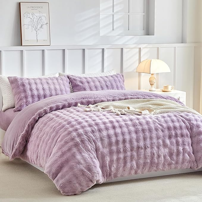 Tokokimo Fluffy Fleece King Size Duvet Cover Set, Ultra Soft Reversible Heavyweight Bedding Set, Extra Warm Winter Duvet Cover Set with 2 Pillow Cases, All Season Fuzzy Comforter Cover Set, Purple