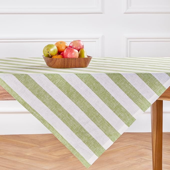 Solino Home Linen Tablecloth 52 x 52 Inch - Cabana Stripe, 100% Pure Linen Green and White Square Tablecloth - Machine Washable Table Throw