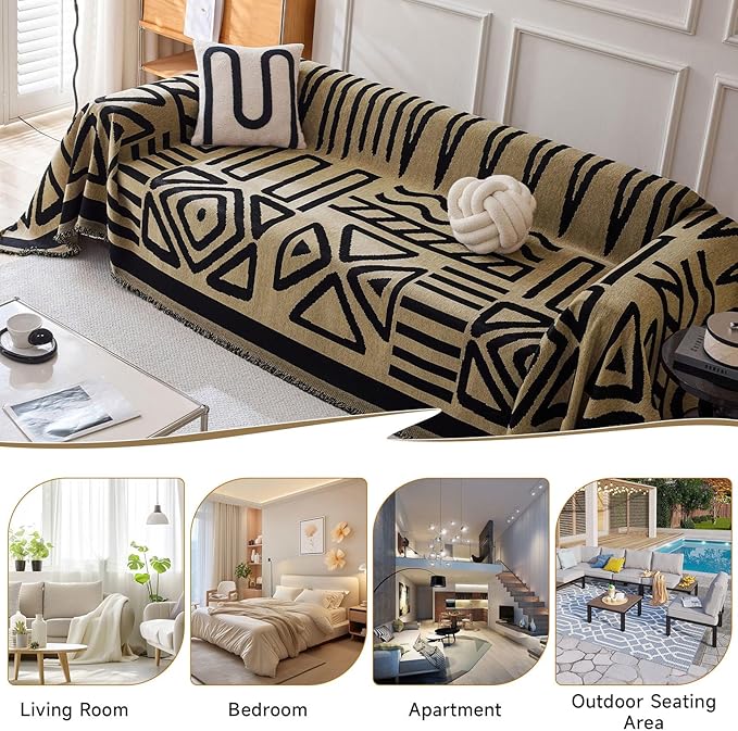 VClife Boho Couch Cover for 3 Cushion Couch Chenille Sofa Cover for Sectional Sofa, Modern Camel Sofa Slipcover Washable Couch Covers for L-Shape Sofa Reversible Sofa Protector 71''x134''