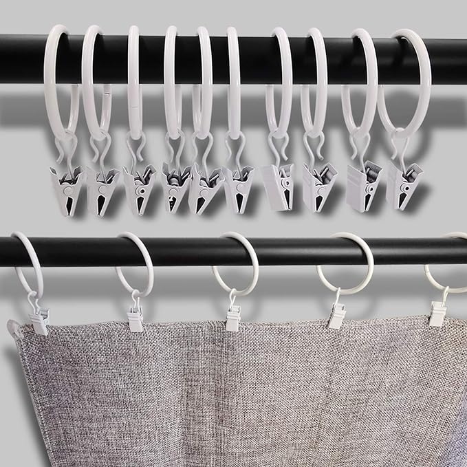 60 Pack Metal Curtain Rings with Clips, Curtain Clip Rings Hooks for Hanging Drapery Drapes Bows, Curtain Rod Rings 1.5 inch Interior Diameter, White