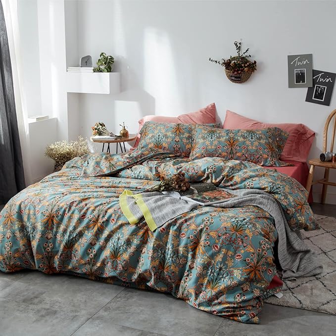 mixinni 3 Pieces Flower Duvet Cover Set 100% Natural Cotton Full Size Bedding Cover with Zipper&Ties, 1 Duvet Cover and 2 Pillowcases, Easy Care, Soft and Durable-Full Size