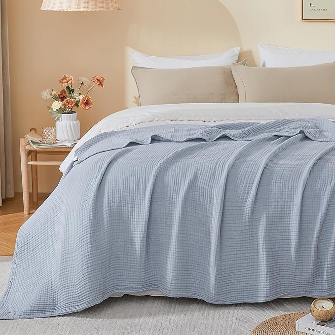EMME Cotton Muslin King Blanket Bed Layering Bedspread Coverlet Breathable Gauze Soft Lightweight Blankets (Heather Dusty Blue, 108"x90")