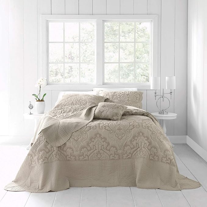 BrylaneHome Bedding Lightweight All Season Modern Amelia Quilted Damask Oversized Ultra Soft Bedspread - Full, Taupe