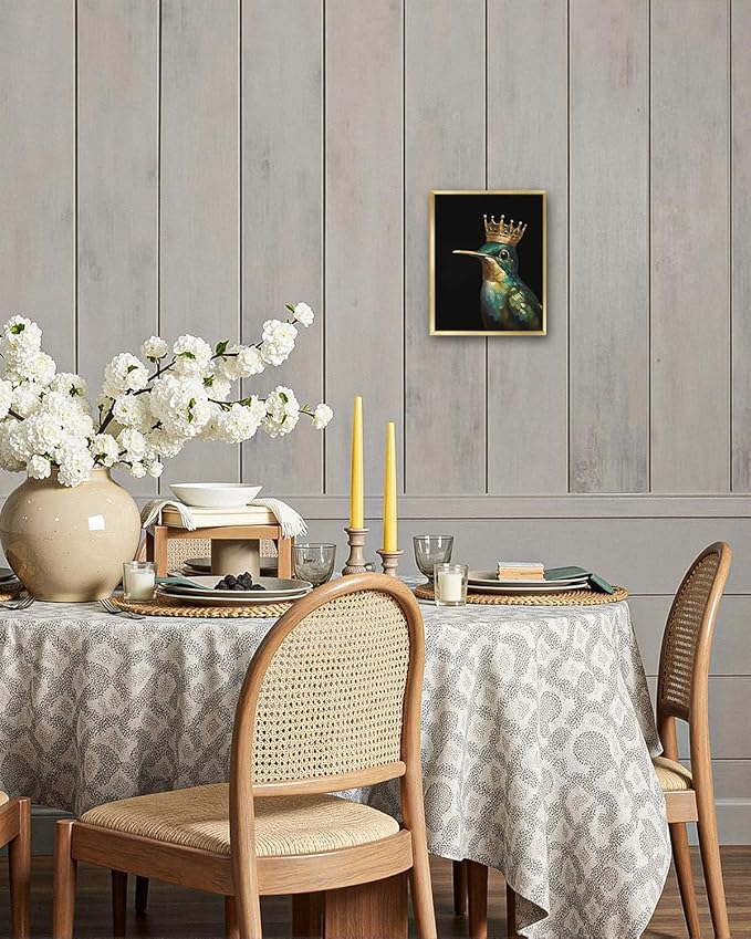 AIMAILON Vintage Gold Canvas Wall Art Framed Decor for Living Room - Hummingbird Birds King Wall Art, Retro Golden Wall Prints of Bird with a Crown, Modern Animal Bird Art Picture Bathroom Decor 8x10