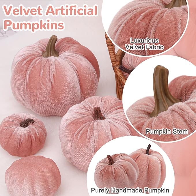 12 Pcs Artificial Velvet Fake Pumpkins Sets Halloween Thanksgiving Wedding Handmade Foam Autumn Centerpiece Kitchen Decoration Light Pink