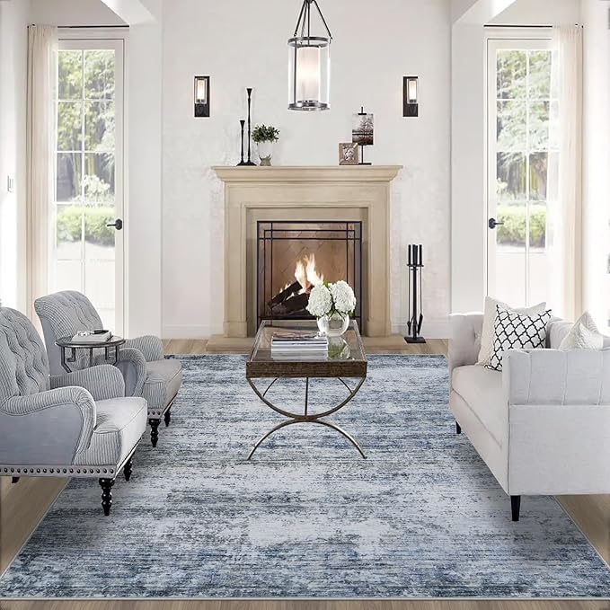 Area Rug Living Room Rugs: 6x9 Rug for Bedroom Machine Washable with Non Slip Backing Non Shedding Abstract Stain Resistant Large Carpet for Dining Room Nursery Home Office - Blue/Gray
