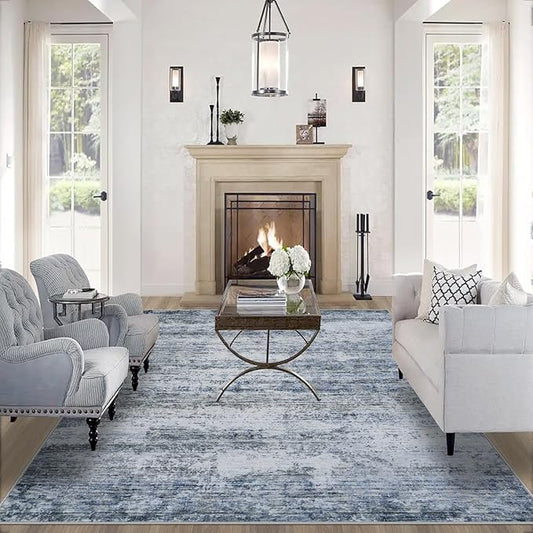 Area Rug Living Room Rugs: 6x9 Rug for Bedroom Machine Washable with Non Slip Backing Non Shedding Abstract Stain Resistant Large Carpet for Dining Room Nursery Home Office - Blue/Gray