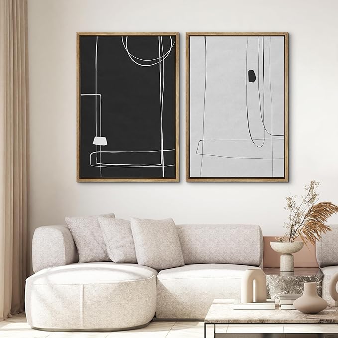 SIGNWIN Framed Canvas Print Wall Art Set Grunge Mid-Century Geometric Lines Abstract Shapes Illustrations Modern Art Minimal Boho Relax/Calm for Living Room, Bedroom, Office - 16"x24"x2 Natural