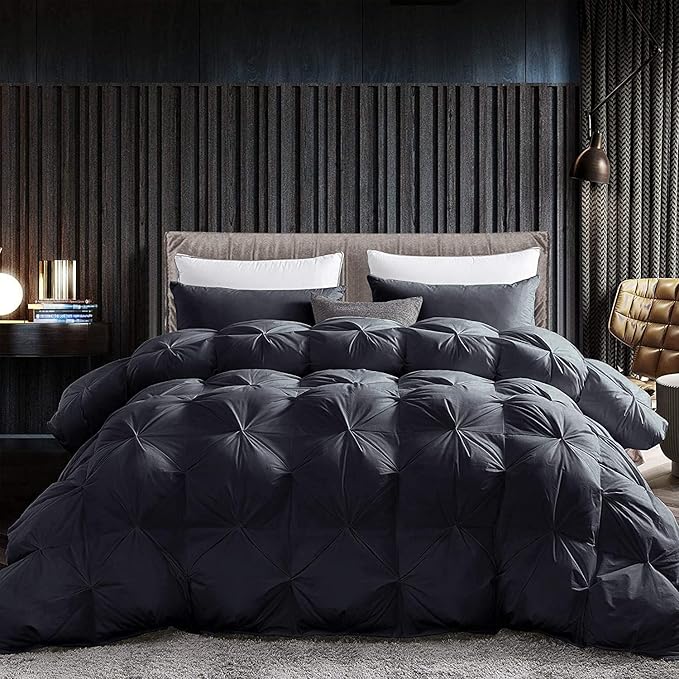 Luxurious Oversized California King Goose Down Comforter, 108 X 98 inches, Unique Black Pinch Pleat, 600 Thread Count, 100% Egyptian Cotton Cover, 80 Oz Fill Weight, 750 Fill Power