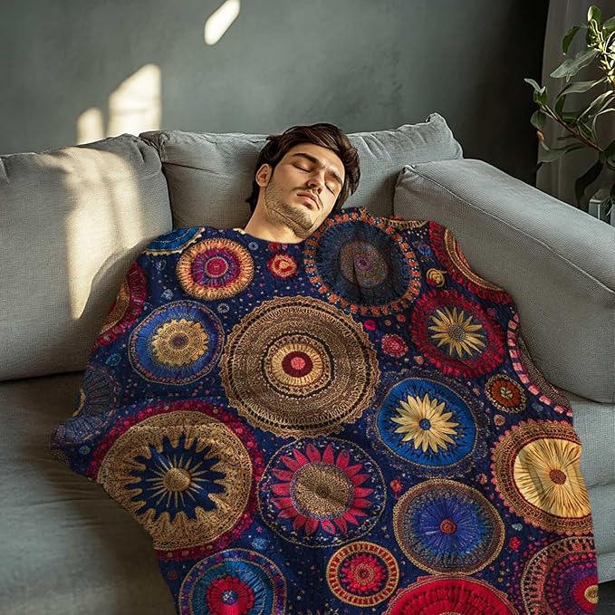 Colorful Bohemian Printed Blanket for Women Men, Mandala Circular Patterns Soft Lightweight All Season Throw for Home Decor, Couch, Bed, Camping, Travel, 50x60 Inches