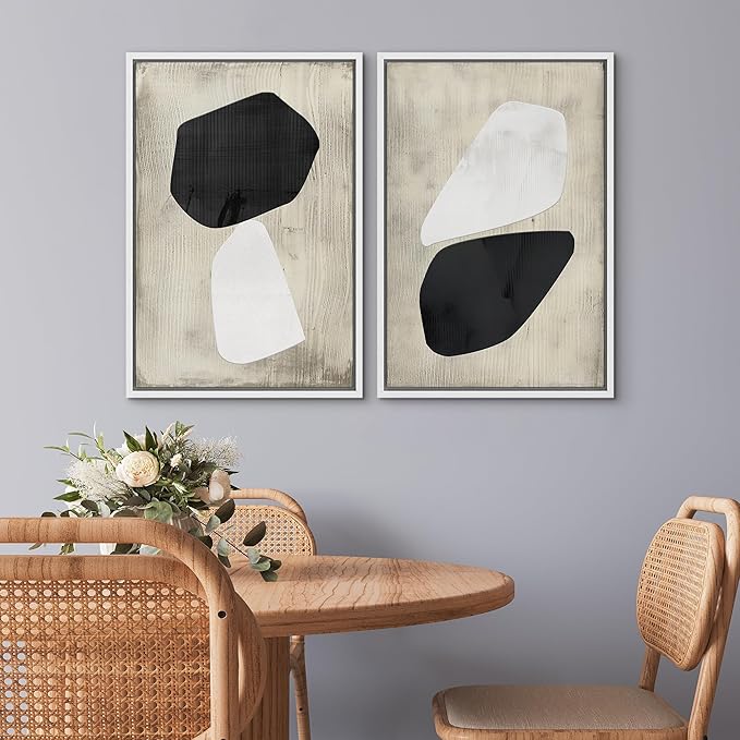 SIGNWIN Framed Canvas Print Wall Art Set Mid-Century Grunge Duotone Polygons Abstract Shapes Illustrations Minimal Decorative Nordic Zen Bohemian for Living Room, Bedroom, Office - 16"x24"x2 White