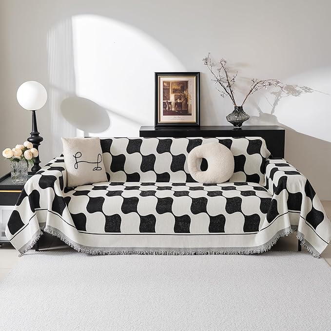 MEETSKY Oversized Sofa Cover Black Couch Cover for Sectional Sofa, Modern Jacquard Sofa Slipcover Loveseat Futon Cover, Pet Couch Cover Washable Couch Protector, 91" x 134", Black Checkerboard