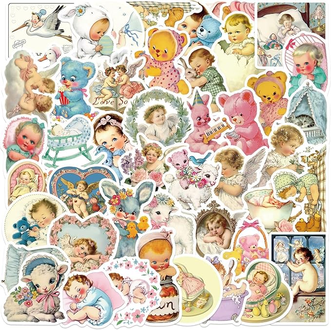 50Pcs Vintage Cherub Christian Baby Stickers – Waterproof Retro Cute Pastels Angels Stickers for Scrapbooking, Journals, Invitations, Laptop, Water Bottles