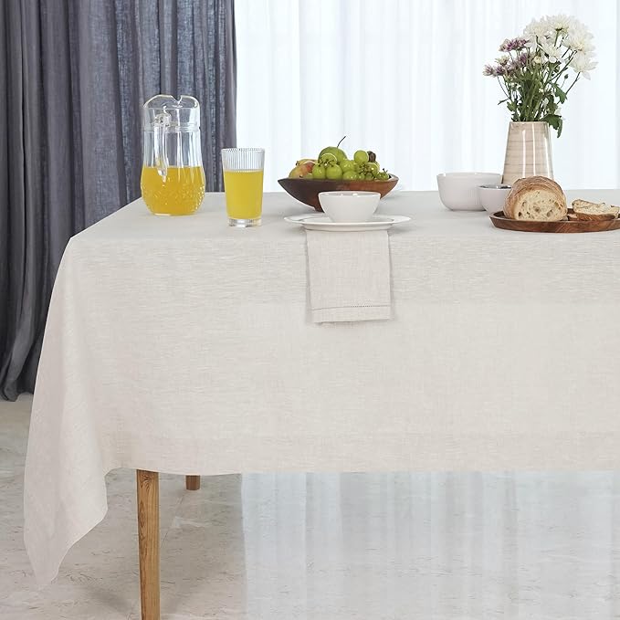 D'Moksha Homes Linen Tablecloth 60 x 102 Inch - 100% Pure Linen Light Natural Table Cloth for Rectangle Tables - Machine Washable Cloth Tablecloth for Fall, Thanksgiving, Christmas, Holiday
