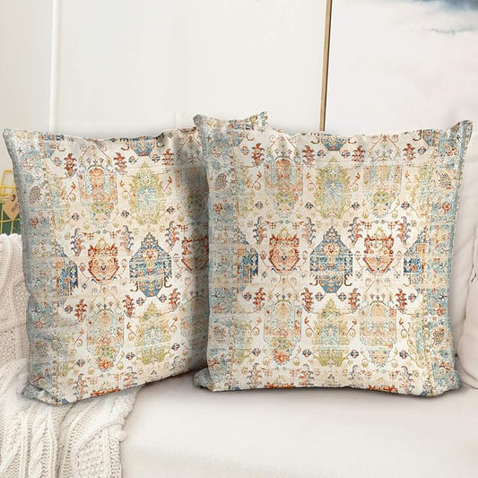 Boho Floral Throw Pillow Covers 16x16 inch Set of 2,Beige Boho Rug Geometric Floral Pattern Decor Double Sided Pattern Cushion Cover Soft Pillow Case Living Sofa Room Bed Square Pillow Cover