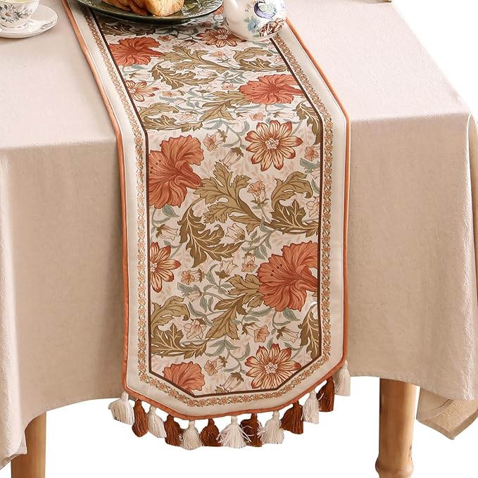 Velvet Fabric Cloth Runner for Table,Rustic Orange Floral 63 Inches Long Table Runners,Decoration Tabletop for Kitchen,Dining Room,Banquet,Thanksgiving,New Year,Holiday,12"*63"