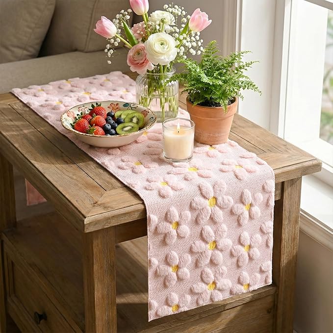 Artoid Mode Pink Soft Plush Faux Fur Jacquard Embroidery Daisy Spring Table Runner, Kitchen Dining Table Decoration for Home Party Decor 13x108 Inch