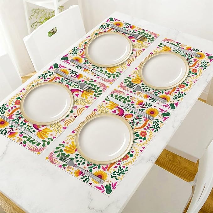 Mexican Floral Placemat Set of 4, 12x18 Inch Boho Cinco de Mayo Colorful Mexico Birds Fiesta Dia De Los Muertos Day Talavera White Coffee Table Mats for Outdoor Kitchen Dining Table Decoration