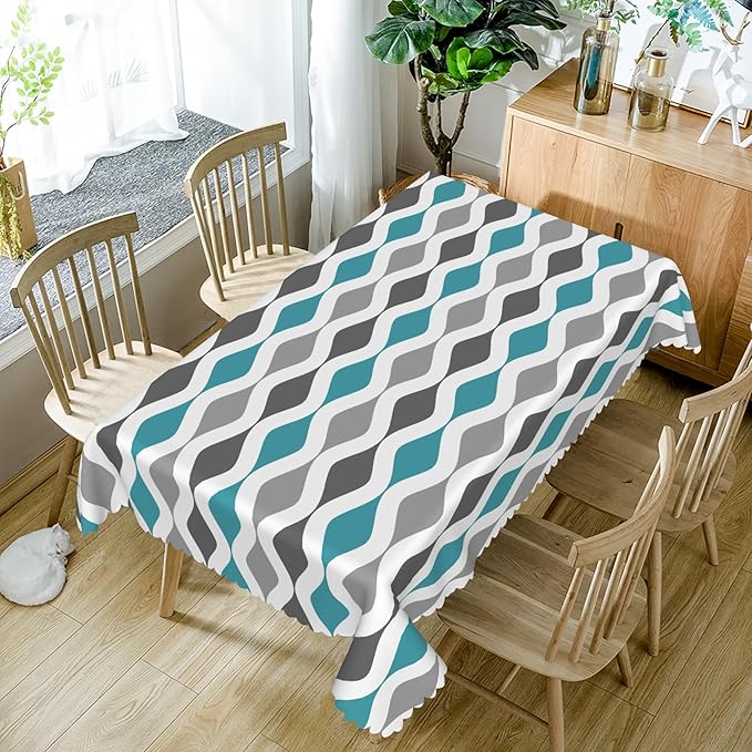 60x84inches Teal Turquoise Grey Table Cloth Mid Century Geometric Stripes Tablecloth Spill Proof Washable Polyester Table Cover for Farmhouse Living Room Dining Room Kitchen Cafe Party Decor