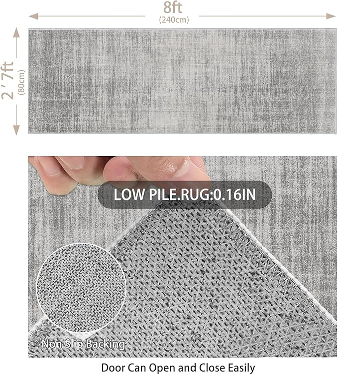 Enkor Runner Rugs for Hallway, 2'7"x8 Washable Soft Non Slip Abstract Rugs for Kitchen, Modern Mat for Entryway Living Room Bedroom Light Grey