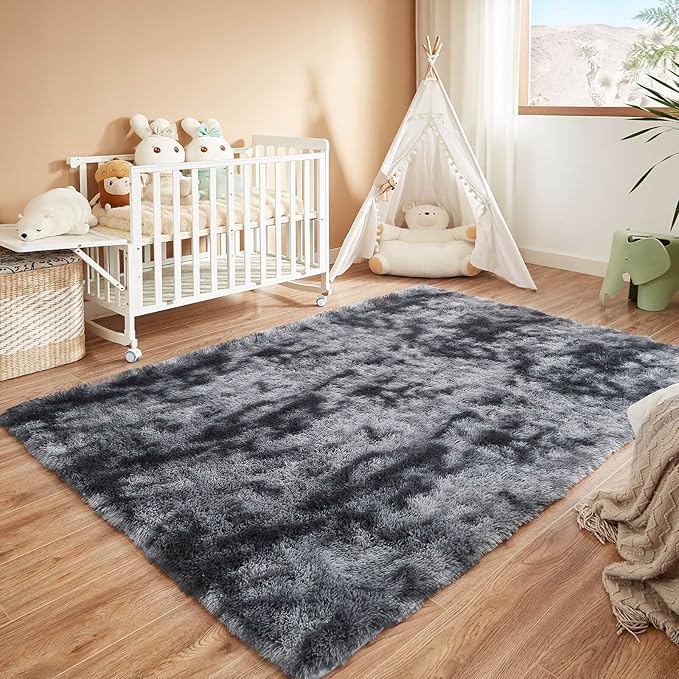Floralux Shag Rug 5x7 for Living Room, Tie-Dyed Dark Grey, Soft Fluffy Area Rug, High-Pile Plush Indoor Carpets for Bedroom, Playroom, Nursery, Home Decor