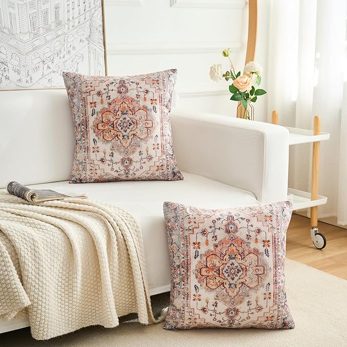 Boho Throw Pillow Covers 22x22 inch Set of 2,Boho Vintage Carpet Pattern Antique Ethnic Decor Double Sided Pattern Cushion Cover Soft Pillow Case Living Sofa Room Bed Square Pillow Cover