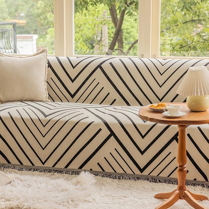 VClife Boho Farmhouse Couch Cover 71''x118'', 1 pc Washable Sofa Covers for 2 Cushion Couch Sofa Kids Soft Chenille Beige Black Herringbone Home Decor Couch Covers for Bed Sofa Living Room Slipcover